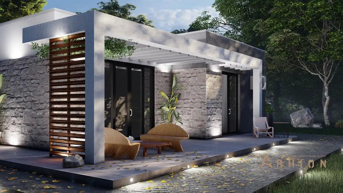 1. Проект одноэтажного дома в стиле хай-тек с плоской кровлей , h-1625, площадью - 88 кв c терассой